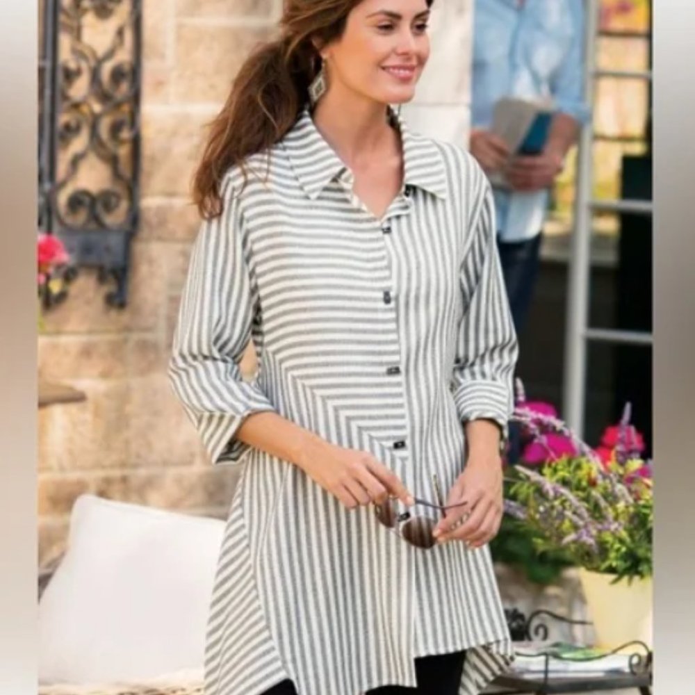 Soft Surroundings standout shirt asymmetrical striped button up cotton shirt